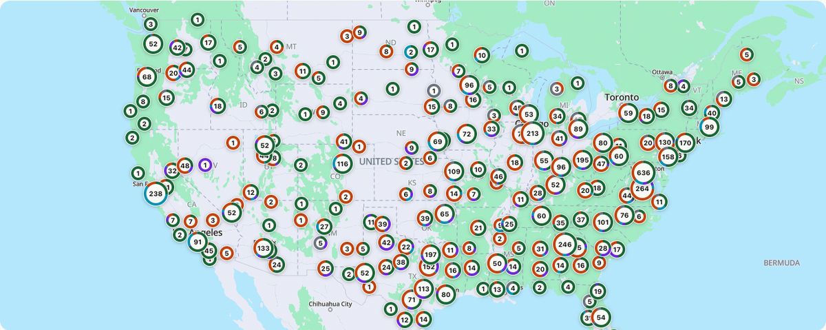 A map of the United States with a mark for every data center campus on record, densest around northern Virginia, Dallas, Chicago and Phoenix.